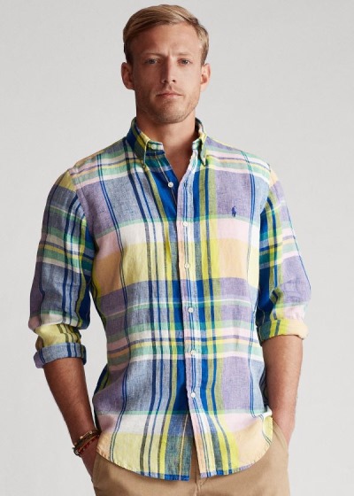 Camisa Polo Ralph Lauren Hombre Morados / Azules / Multicolor - Classic Fit Plaid Linen - LZWHQ9854